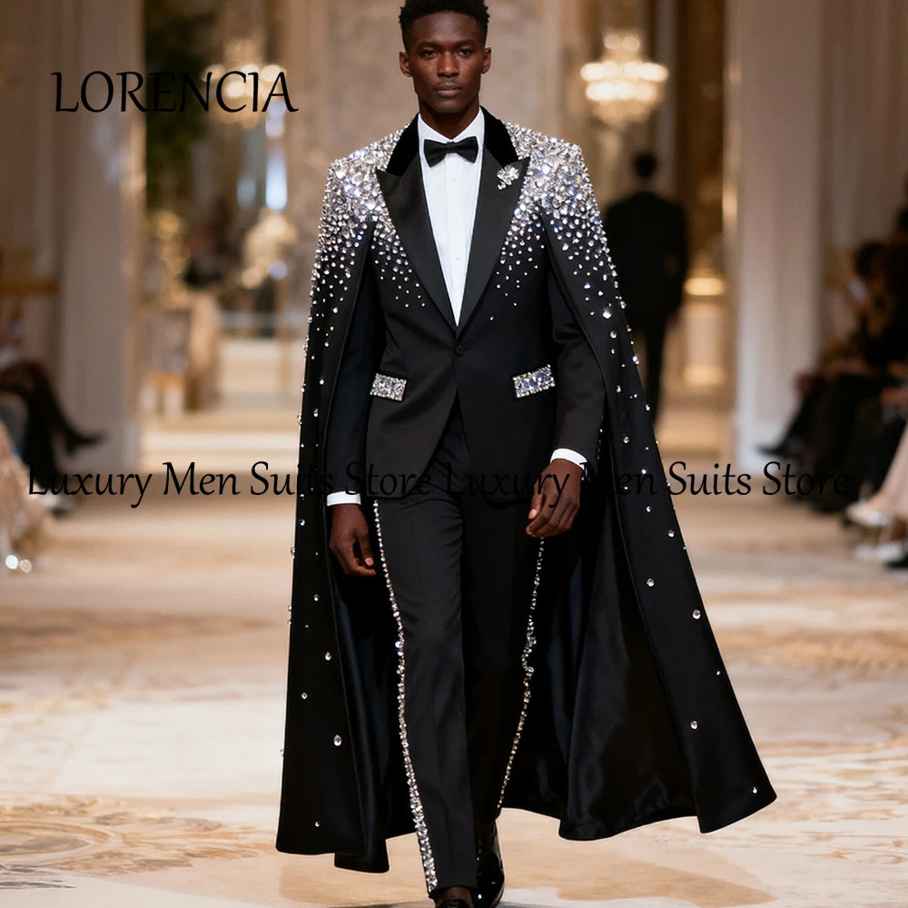 Luxury Diamond Men Suit by Ansoff, 2-piece sparkling crystal tuxedo with cloak, customized blazer and pants for wedding or party.