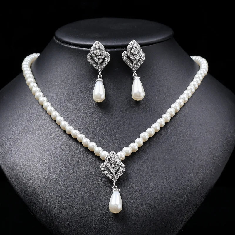 New Fashion personality flower Imitation Pearl Wedding Necklace Earring Set Bridal For Women Elegant Rhinestone Jewelry Gift