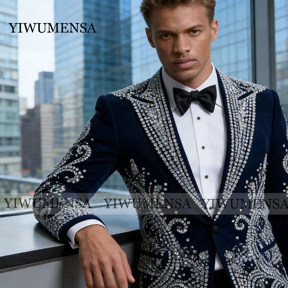 Ansoff men's wedding tuxedo set with sparkly beaded stones, single-breasted jacket and matching pants, tailored for groom and party attire.