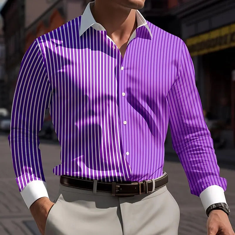 Ansoff men's striped business casual long-sleeved shirt with buttons, suitable for spring and summer workwear, comfortable fit.