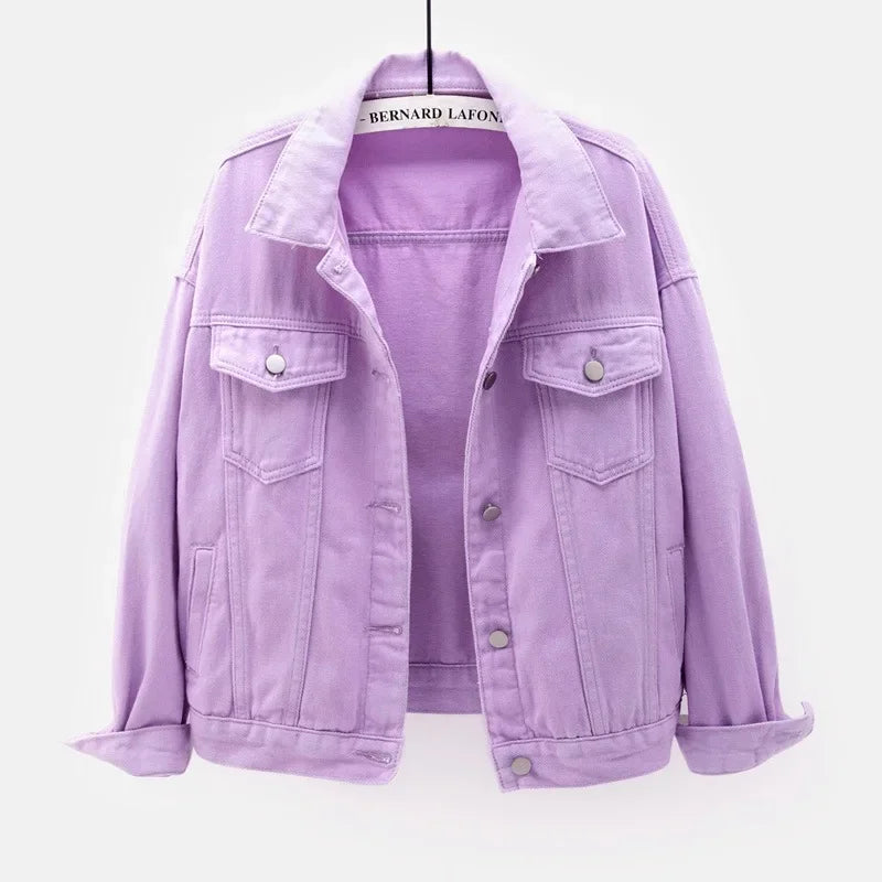 Ansoff classic denim jacket for women, oversized boyfriend style in purple, white, and yellow with a loose fit and casual design.