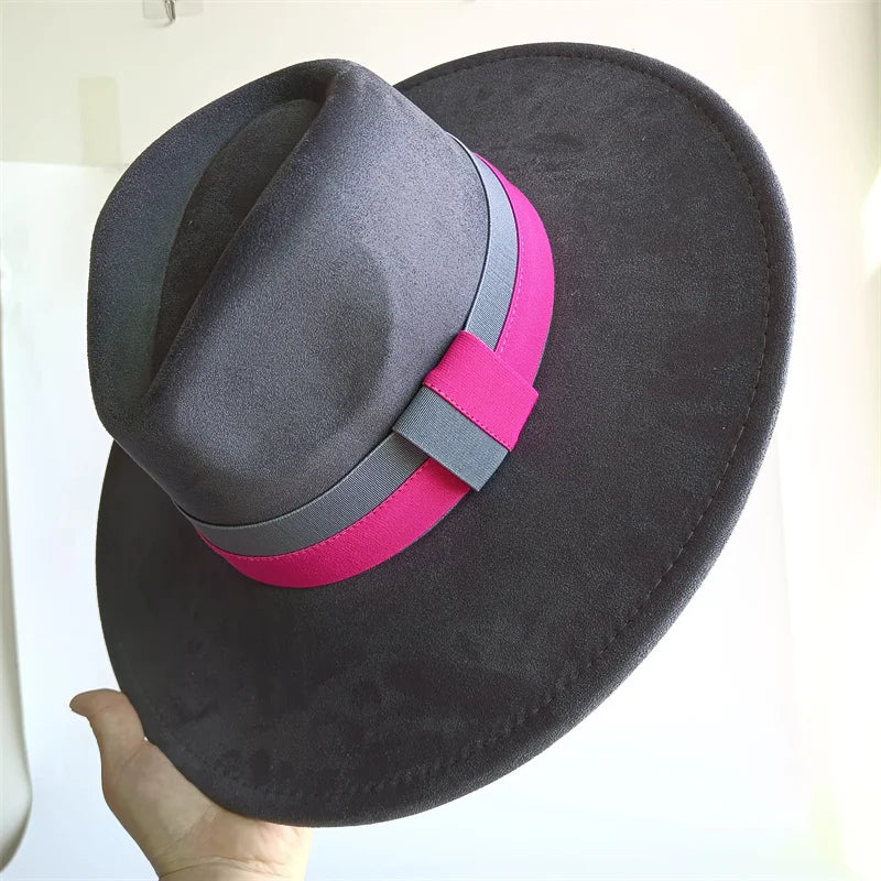 Colorblock ribbon suede felt hat by Ansoff featuring a wide brim, retro British style for women and men in autumn and winter.