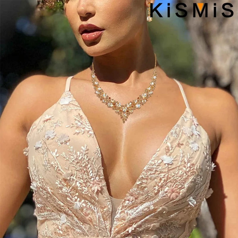 Elegant Bridal Crystal Rhinestone Necklace Earrings Set Wedding Valentine Gift Teardrop Dangle