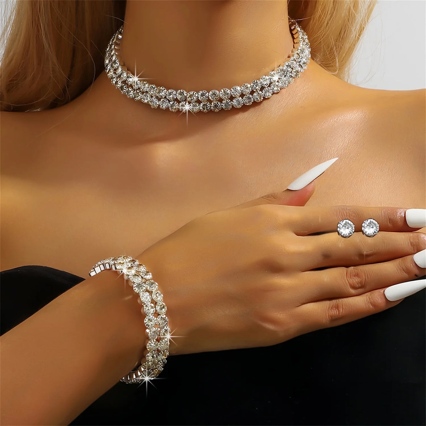 3pcs Wedding Jewelry Three Piece Set Fashionable Bridal Rhinestone Double Row Necklace Earrings Bracelet Set Strong Chain