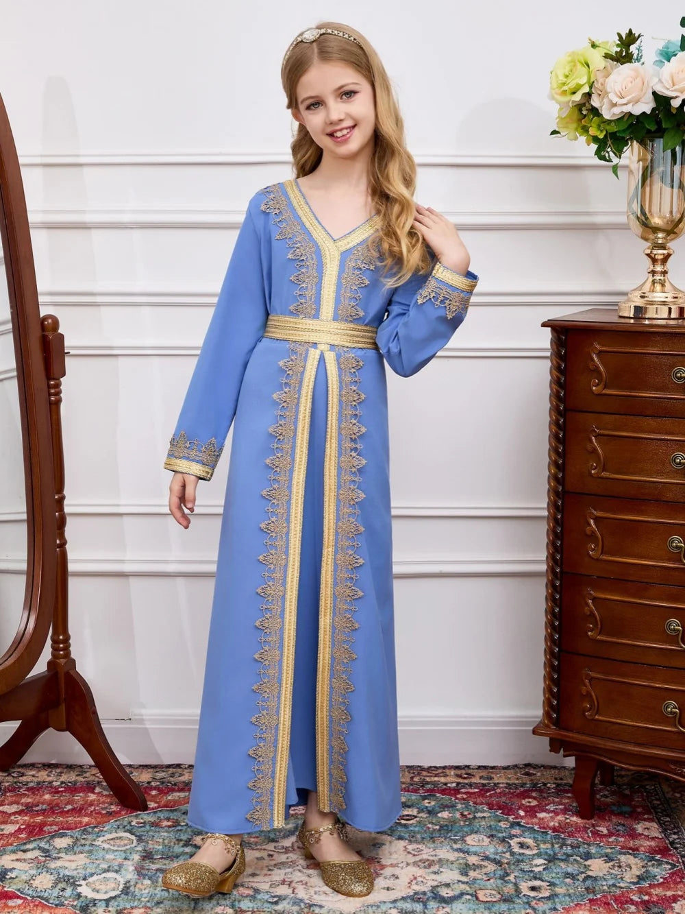 Girls blue Muslim dress by Ansoff with gold lace embroidery, long robe style, V-neck, belt, perfect for Eid or parties.
