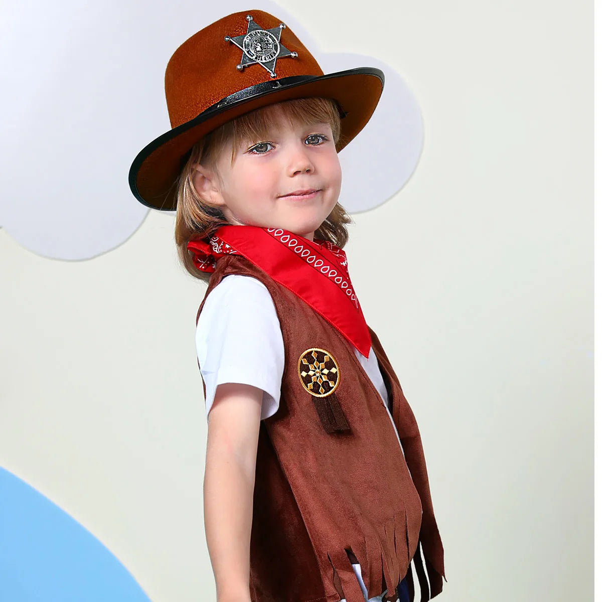 Toddler boys cowboy brown felt hat with bandanna, perfect for Western cowboy or cowgirl costume, Halloween, or dress-up.