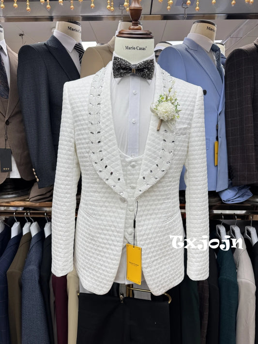 White Jacquard men's tuxedo suit set including blazer, vest, and pants for wedding, groom, or formal events by Ansoff.