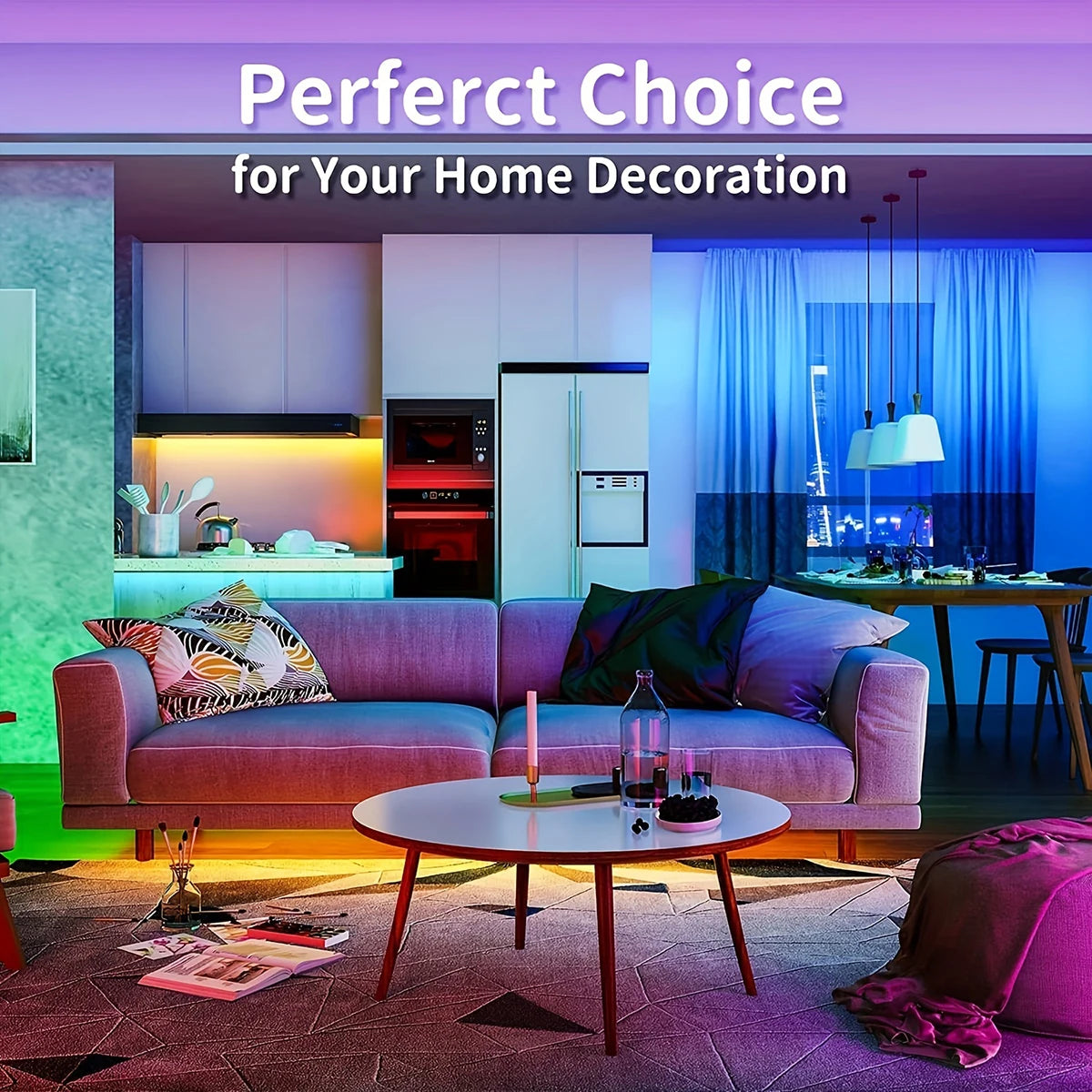 Ansoff LED strip lights with remote control in various lengths, showcasing colorful RGB tape for home decor and party lighting.