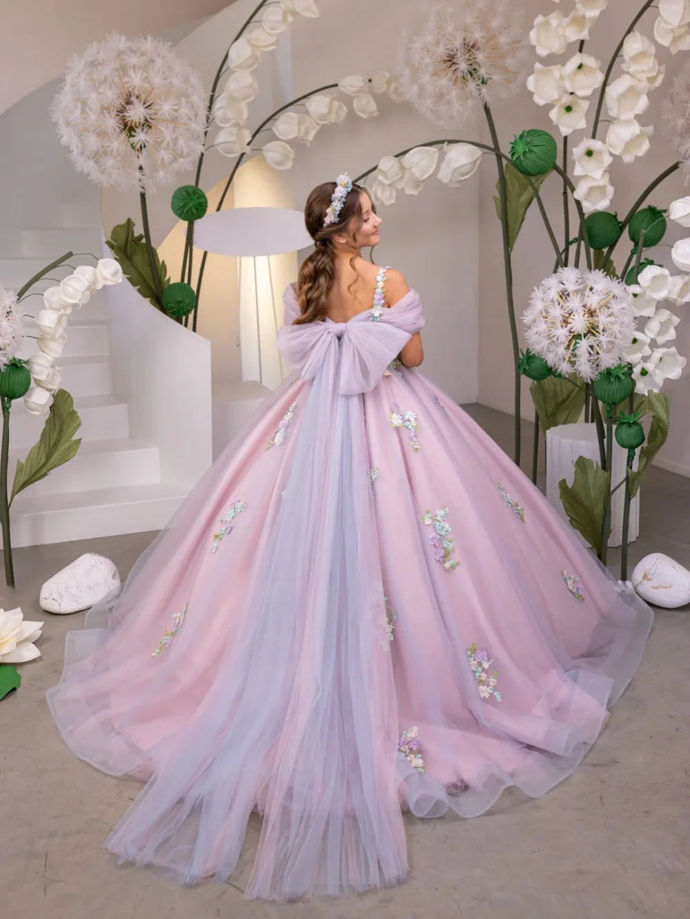 New Arrival Girls Lace Appliques Princess Gown For Birthday Party Charming Off Shoulder Kids Dresses Performance Outfit 2-14Y