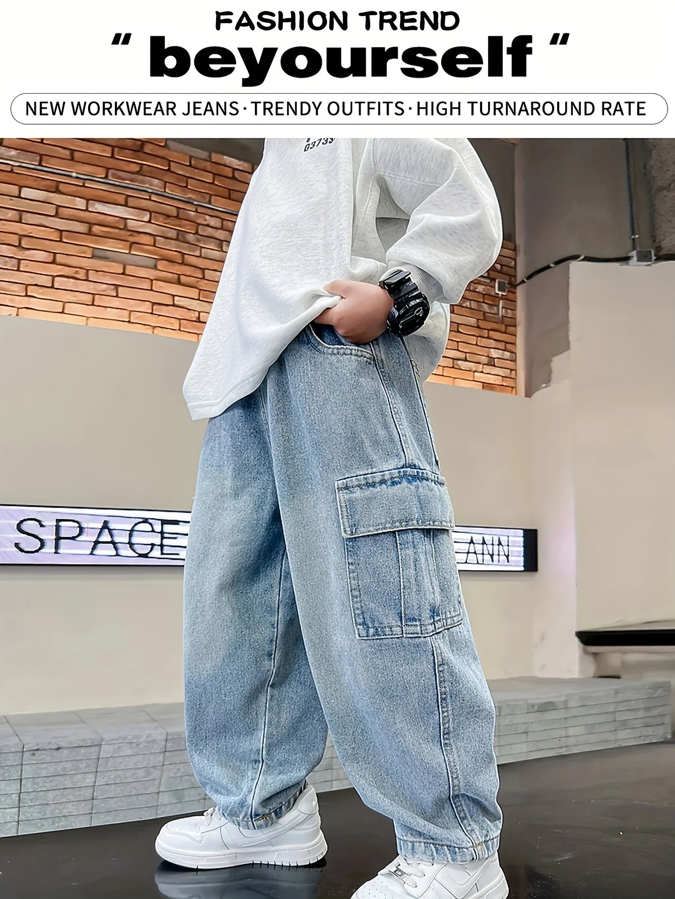 Boy's large-sized stylish street casual jeans by Ansoff, featuring straight-leg design for four-season wear and everyday comfort.