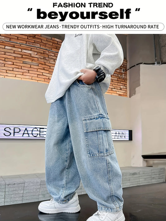 Boy's large-sized stylish street casual jeans by Ansoff, featuring straight-leg design for four-season wear and everyday comfort.