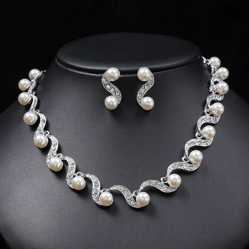 Crystal  Wedding Necklace  Fashion  Pearl  Earring Bridal For Women Elegant Rhinestone Jewelry Sets Party Gif