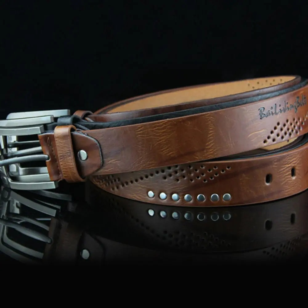 Ansoff men's leather belt with classic buckle, vintage cowboy style, high-quality alloy waistbelt suitable for business or casual wear.
