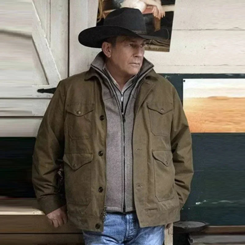 Men's black cotton denim jacket by Ansoff, 5XL cowboy-style coat with classic jean design, suitable for autumn and winter wear.