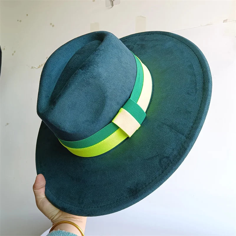 Colorblock ribbon colorful suede women's and men's felt wide brim hat in British style with retro autumn and winter design.