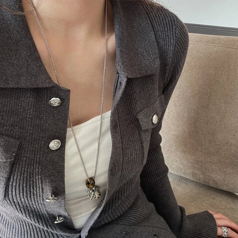 LATS Fashion Spotted Tiger Eye Stone Irregular Pendant Necklace for Women Long Chain Girls Charm Aesthetic Jewelry Accessories - Acros