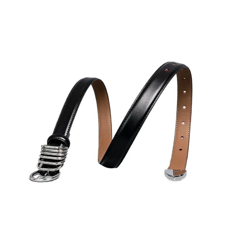 Black leather belt with needle metal buckle, two-layer cowhide design for women and men, casual and dress belt by Ansoff.