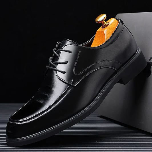 Men's Genuine Leather Shoes Summer Business Casual Wedding Low Top round Toe Rubber Outsole Anti-Slip Lace-Up Boots