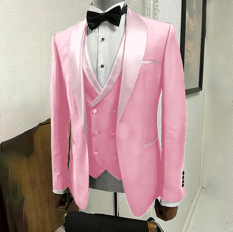 Black men's 3-piece tuxedo with shawl lapel, one-button jacket, slim fit, ideal for groom, wedding, or formal events by Ansoff.