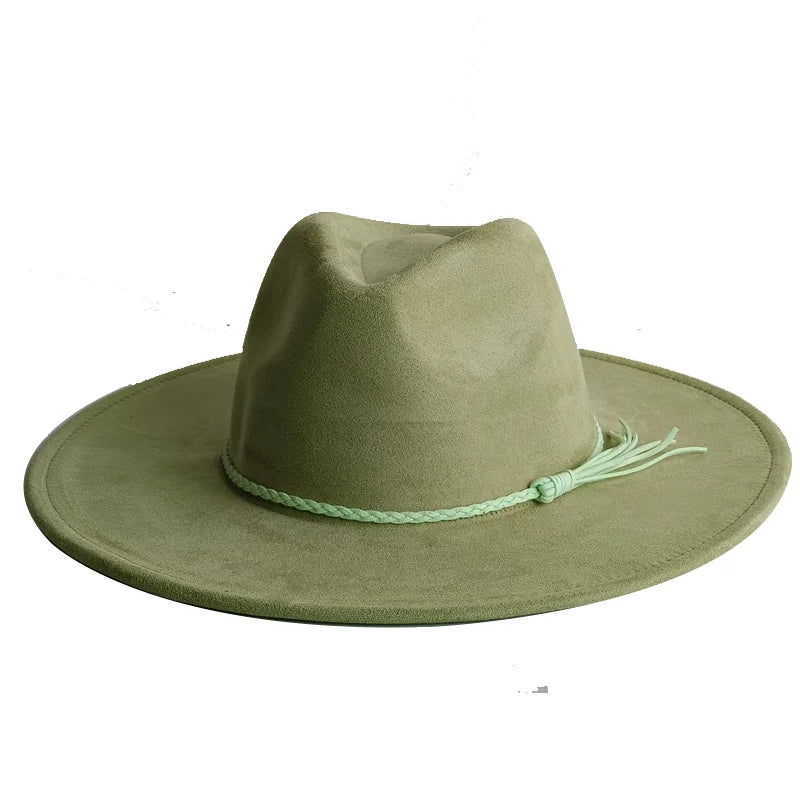 Ansoff malachite green suede fedora hat with wide brim, suitable for men and women, autumn winter felt fashion accessory