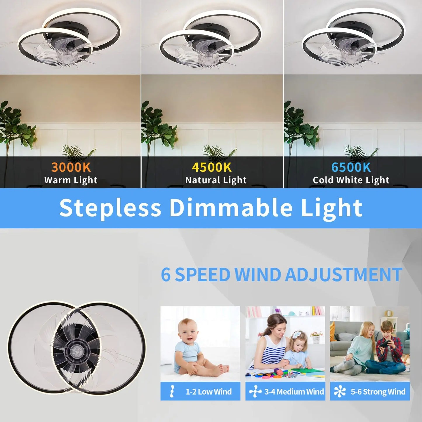 Smart Electric Fan Ceiling Light Fixture Energy Saving Ceiling Lamp Fan Reversible Motor Suitable for Summer/Winter 6 Level Fan