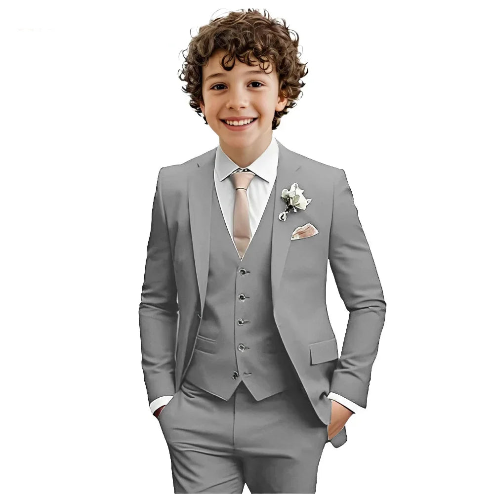 Multi-color boys' formal suit set by Ansoff with a notched lapel, slim fit, and three-piece design for weddings and parties.
