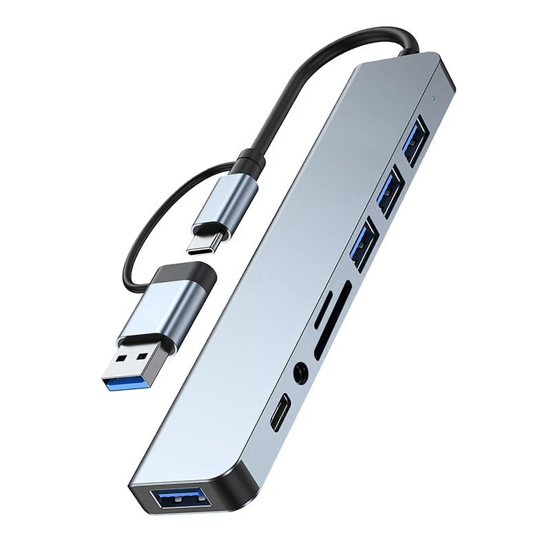 Ansoff 8-in-1 USB Type-C hub docking station with 3.5mm audio jack, micro SD card reader, and multiple ports for laptops and tablets.