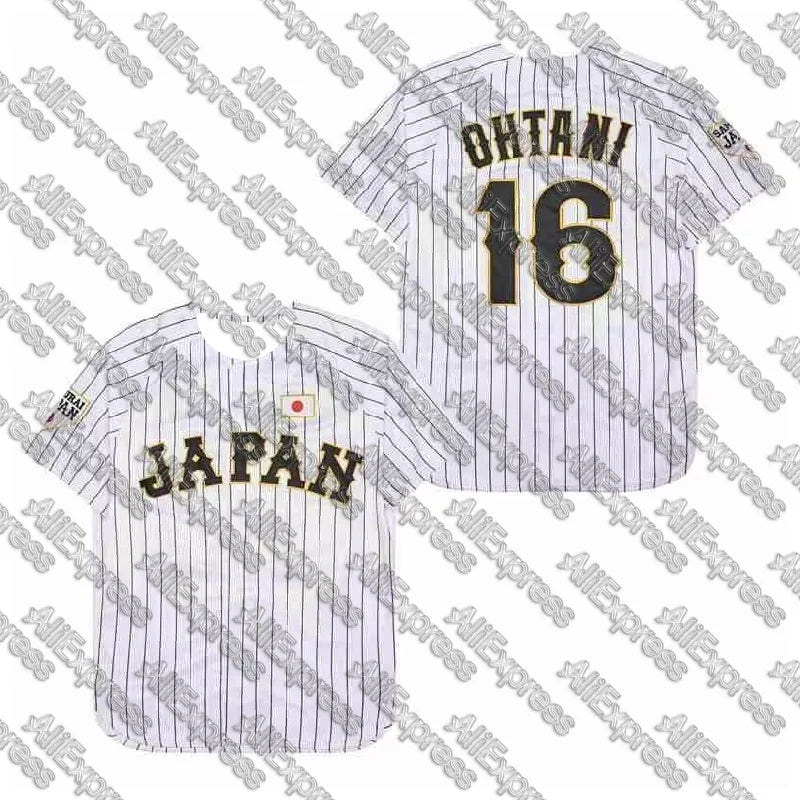 White Japan baseball jersey with black stripes, No. 16 Ohtani, Samurai style, high-quality 3D printed sports T-shirt by Ansoff.