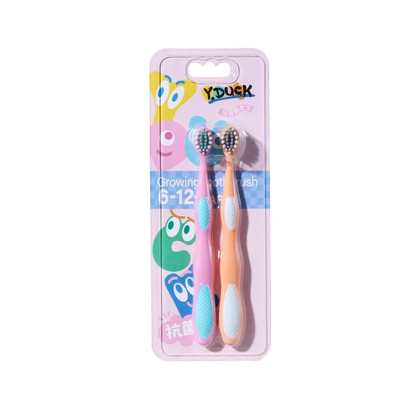 Set of 2 Ansoff antibacterial children's soft toothbrushes for infants and toddlers, suitable for ages 0-9, with colorful handles and bristles.
