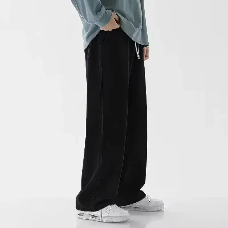 Ansoff men's streetwear loose straight jeans in black and light blue with wide leg fit, Korean style casual fashion pants.