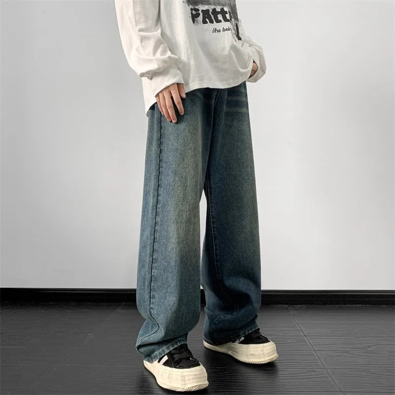 Men's wide leg denim jeans by Ansoff, loose straight fit in vintage blue, perfect for autumn streetwear and casual style.