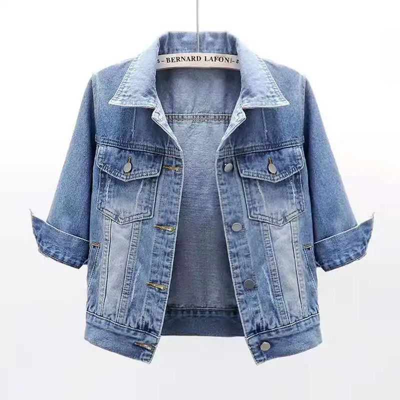 Pink denim jacket for women by Ansoff, casual short coat in spring and autumn, featuring purple, yellow, and blue accents.