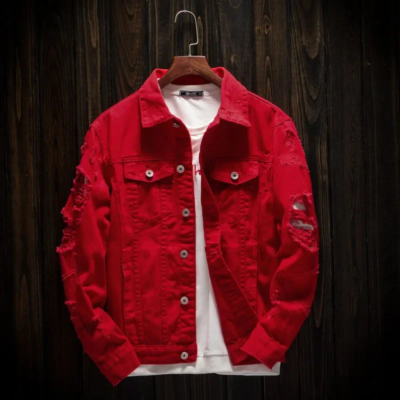 Men's slim fit denim jean jacket by Ansoff with ripped holes, red, white, and black colors, plus size streetwear outerwear