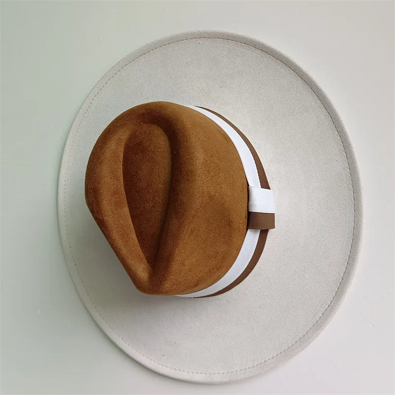 Colorblock ribbon suede wide brim felt hat for women and men, stylish British retro design for autumn and winter by Ansoff.