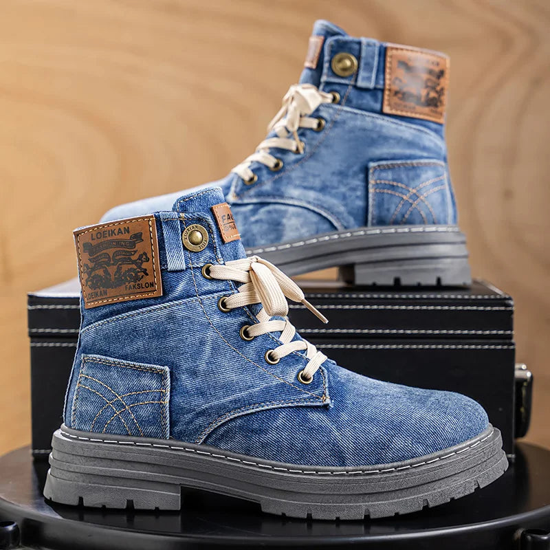 Ansoff men's canvas denim outdoor climbing boots with breathable fabric, stylish casual design, suitable for versatile outdoor footwear.
