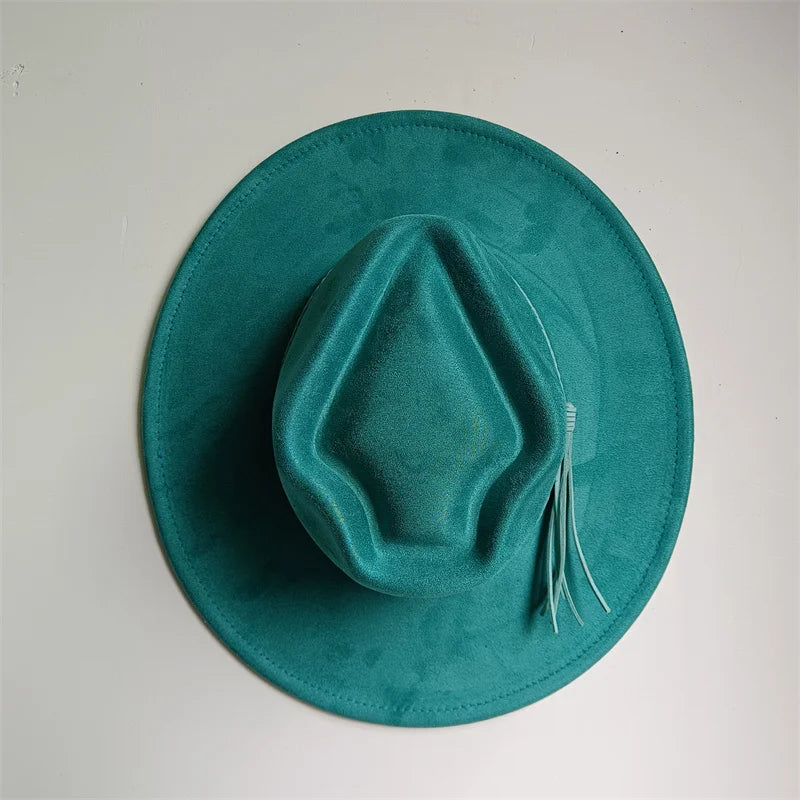 Dark turquoise suede fedora hat with heart and arrow design, suitable for men and women, perfect for autumn and winter fashion.