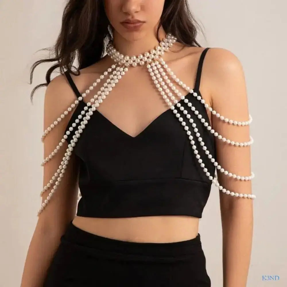 Handmade Jewelry Pearls Shoulder Chain Round Bead Black/White Beads Bridal Tassel Necklace Easy to Wear Elegant