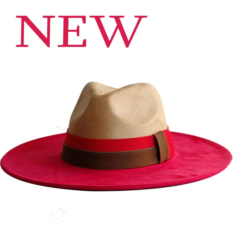 Colorblock ribbon suede felt hat with wide brim for women and men, featuring vibrant autumn and winter British style design