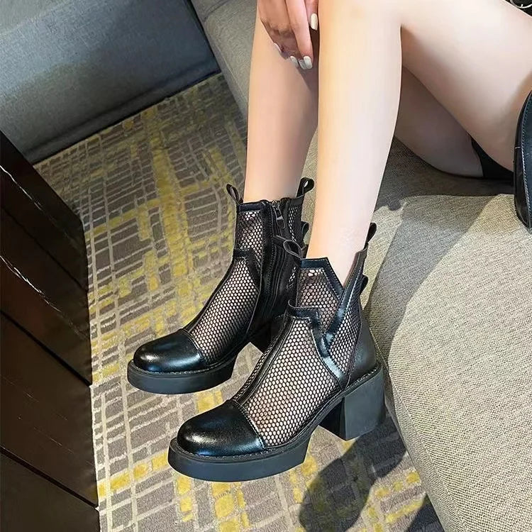 Ansoff women's solid color round toe thick heel boots with breathable mesh design, stylish and comfortable for everyday wear.