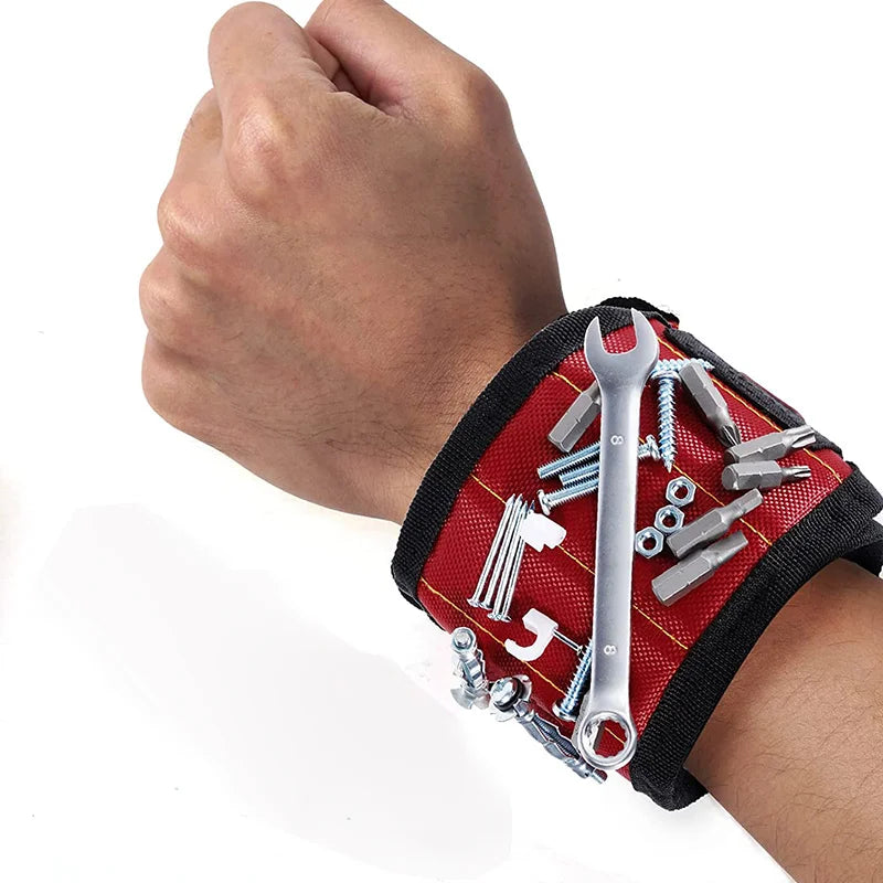 Ansoff magnetic wristband holding screws, nails, and drill bits with strong magnets, worn on a person's wrist during construction.