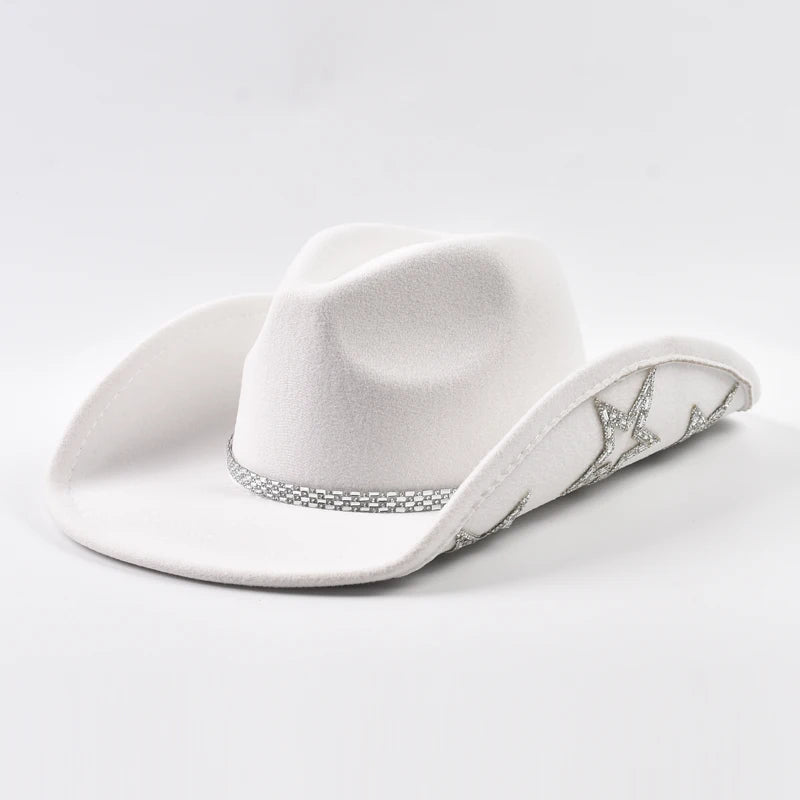Women’s Western cowboy hat by Ansoff with a wide brim, rhinestone star embellishments, perfect for weddings, parties, and costumes.