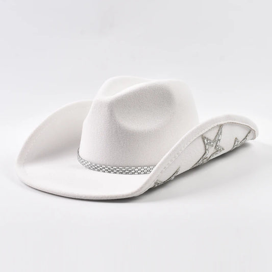 Women’s Western cowboy hat by Ansoff with a wide brim, rhinestone star embellishments, perfect for weddings, parties, and costumes.