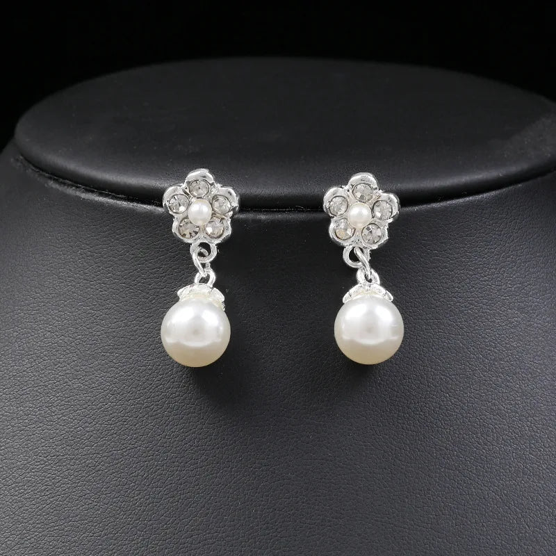 New Fashion personality flower Imitation Pearl Wedding Necklace Earring Set Bridal For Women Elegant Rhinestone Jewelry Gift