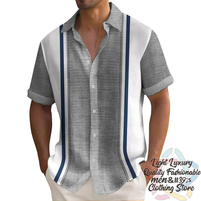 Men's summer striped linen print shirt by Ansoff, casual short-sleeved Hawaiian style with collar and oversized fit.
