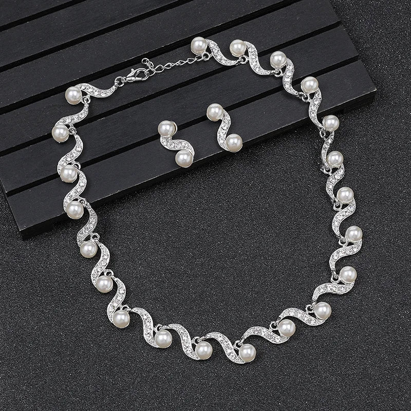 Crystal  Wedding Necklace  Fashion  Pearl  Earring Bridal For Women Elegant Rhinestone Jewelry Sets Party Gif