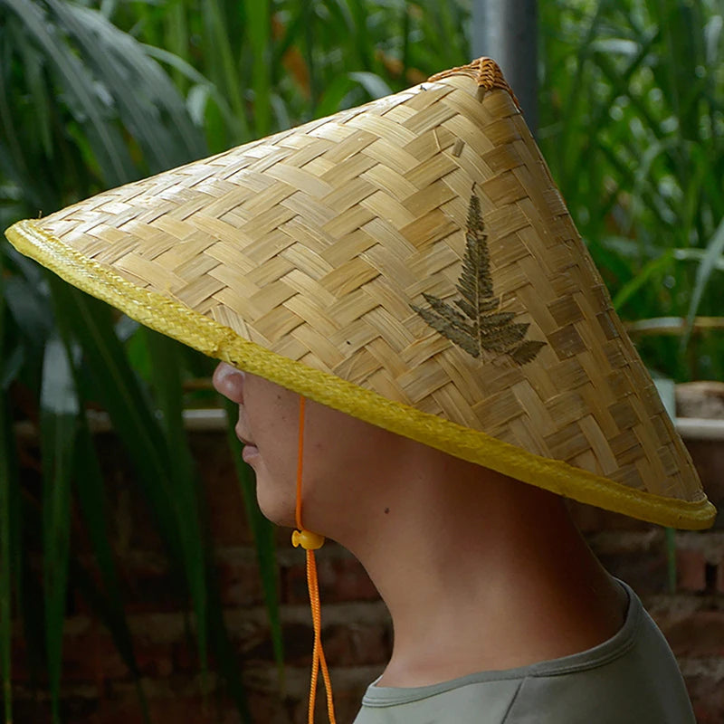 Handmade Chinese retro bamboo rattan fisherman hat with wide brim, woven straw design, perfect for sunshade and outdoor activities.