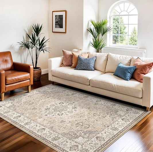 Light Tone Vintage Pattern Rug Beige Grey Floral Carpet Modern Home Decor Floor Mat for Living Room Entryway Kitchen Bedroom