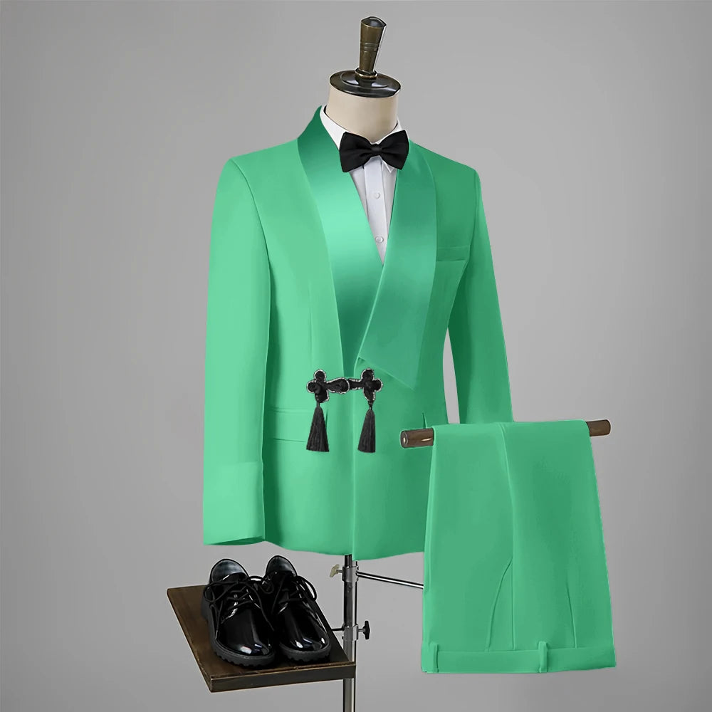 Ansoff men's tuxedo suit with slim fit blazer and pants, featuring a wedding tassel lapel and single button closure.