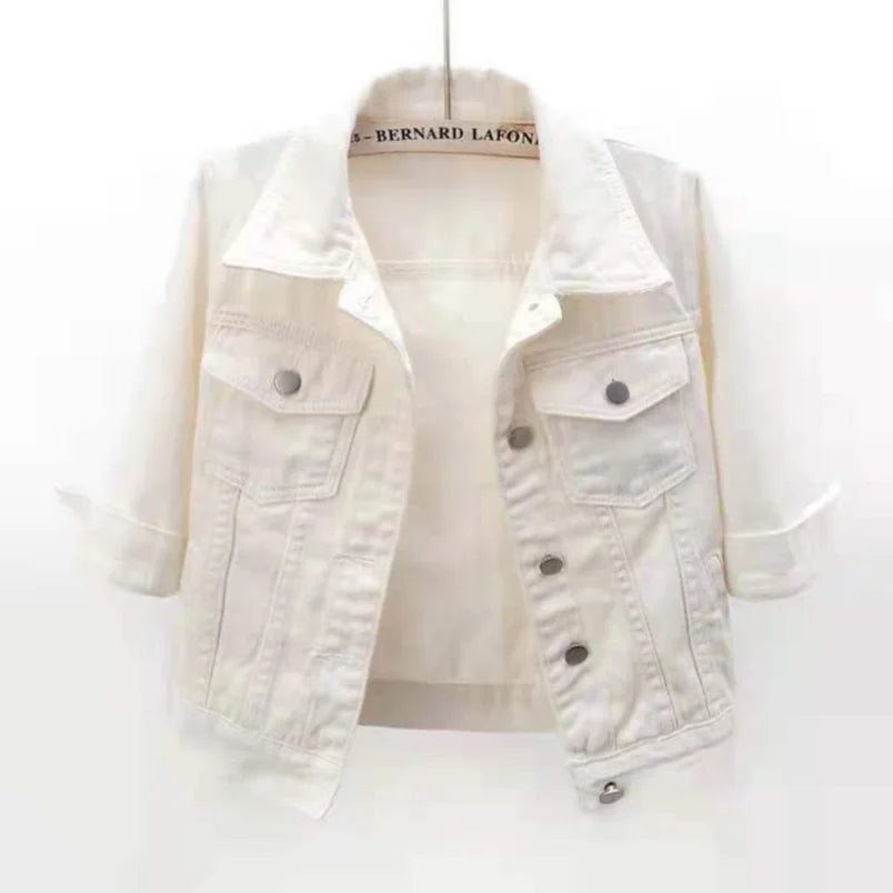 Ansoff women's denim jacket in pink with purple and blue accents, short spring/autumn casual coat, loose fit outerwear.