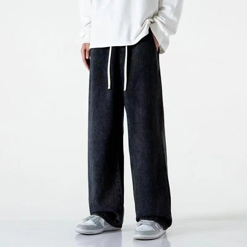 Ansoff men's 2023 streetwear loose jeans in black and light blue, featuring straight wide-leg style and casual Korean fashion design.